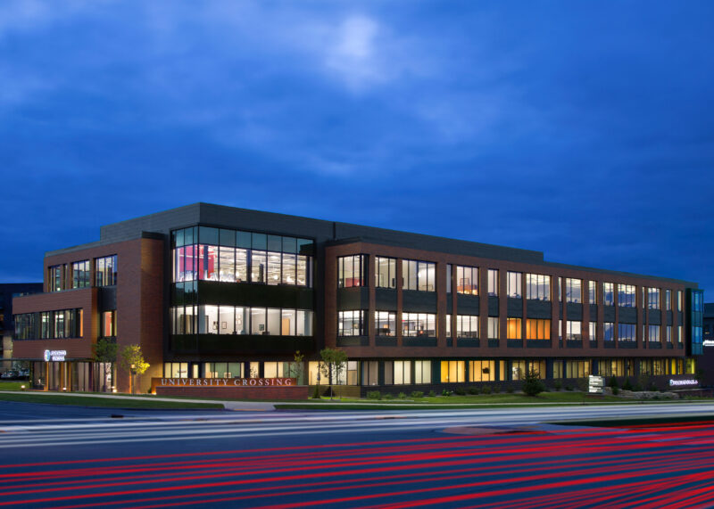 University Crossing exterior at night