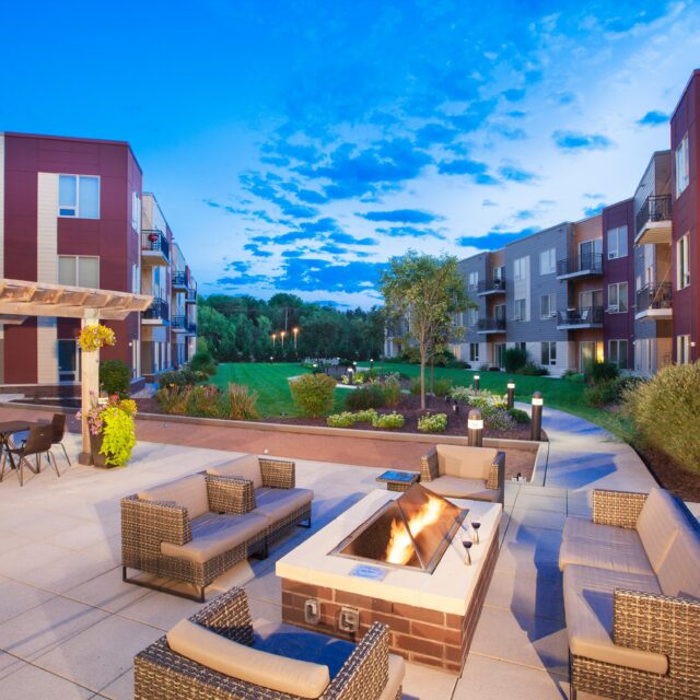 outside patio with fireplace